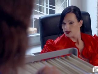 BUMS BUERO - Black-haired German secretary wears red lipstick during office xxx movie film